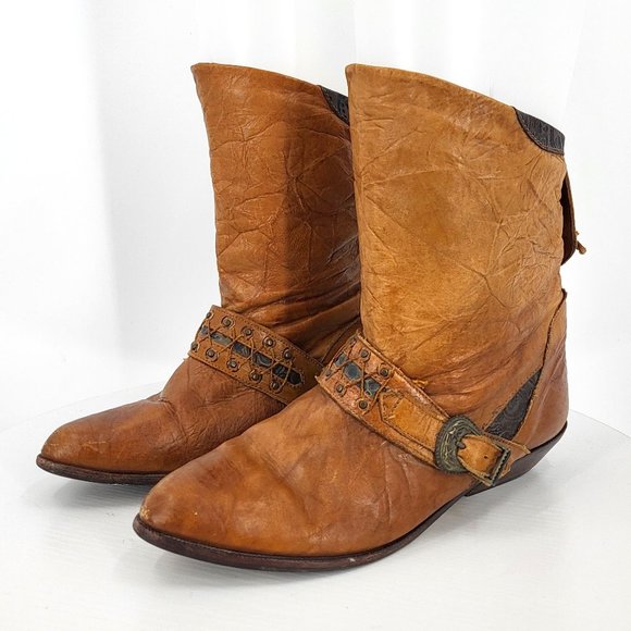 Vintage Shoes - Vintage 80s Rafael Vittorio Cognac Crinkle Leather Slouchy Ankle Boots Rodeo 6